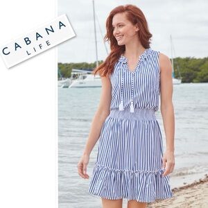 CABANA Life Navy Stripe Smocked Waist Dress In White / Navy Blue Size M